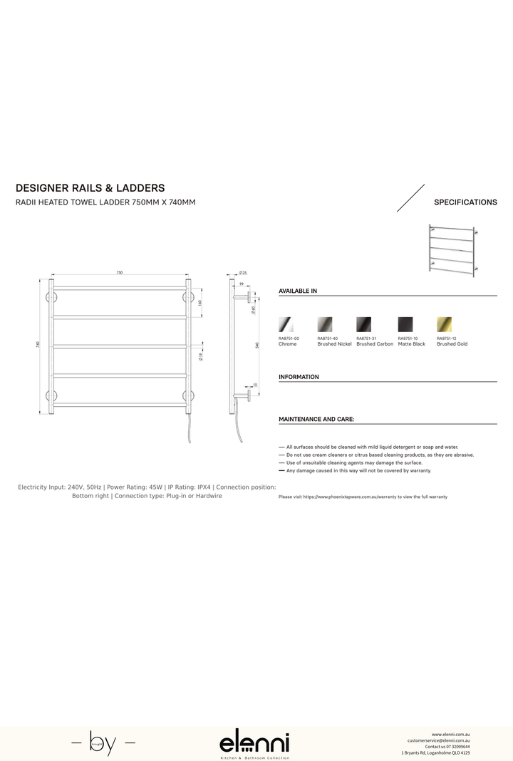 Radii Heated Towel Ladder 750mm x 740mm - Elenni specification drawing