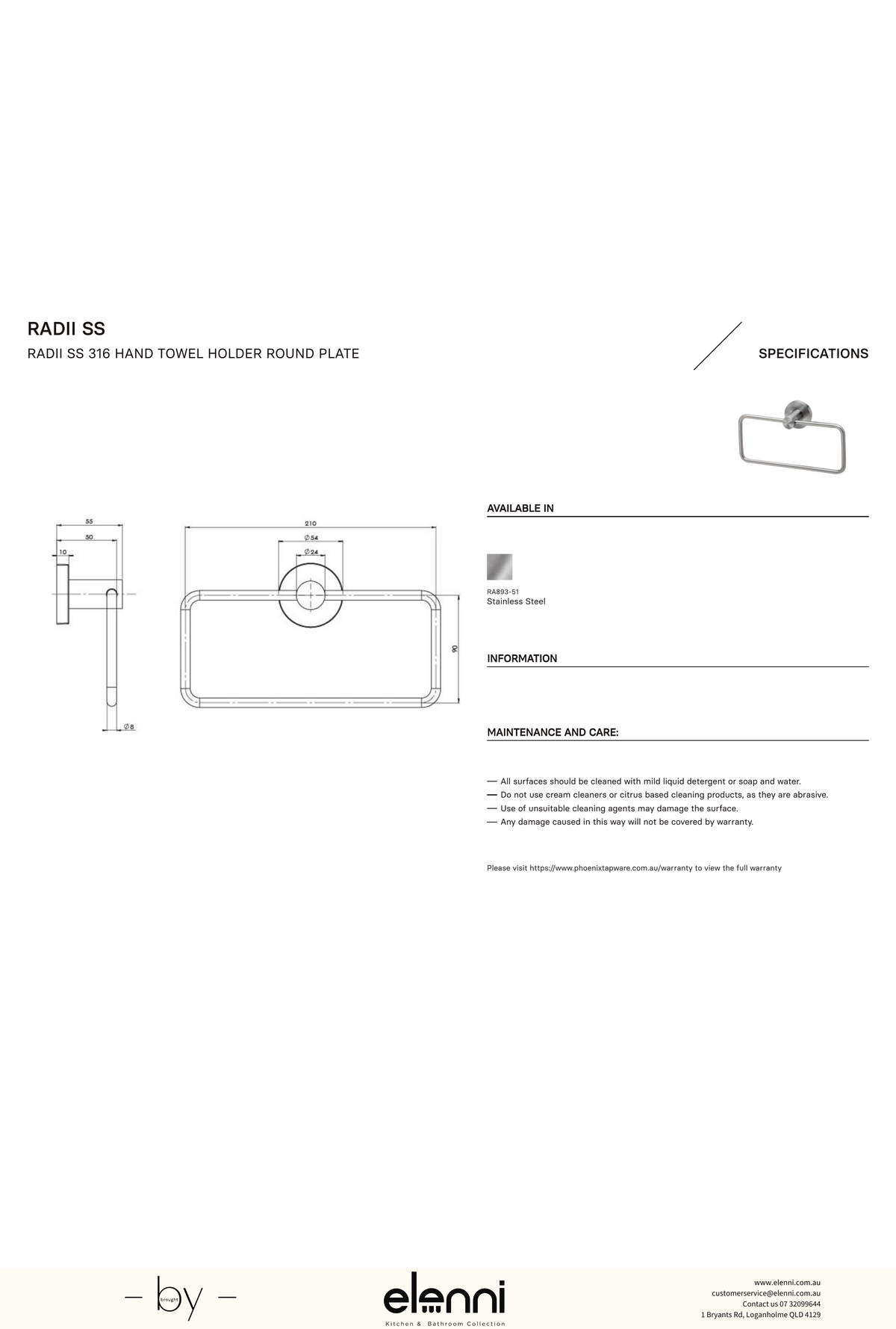 Radii Hand Towel Holder Round Plate - Elenni specification drawing