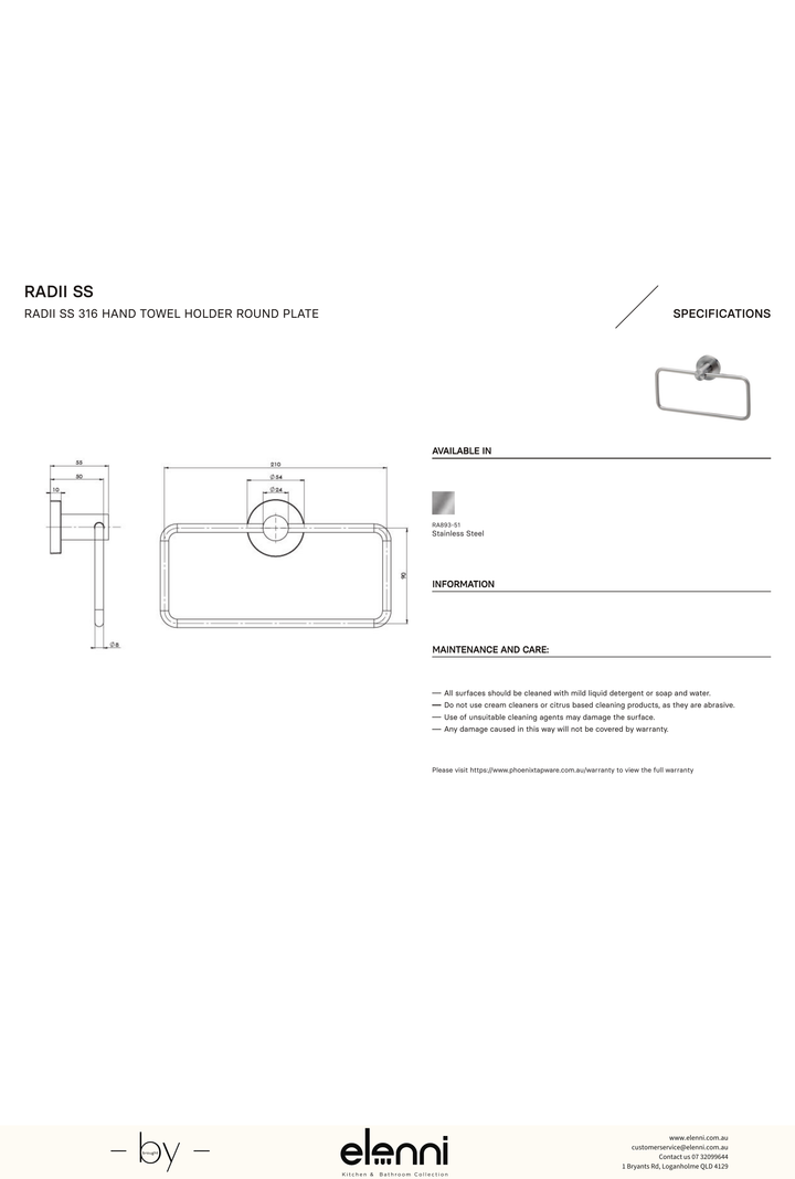 Radii Hand Towel Holder Round Plate - Elenni specification drawing