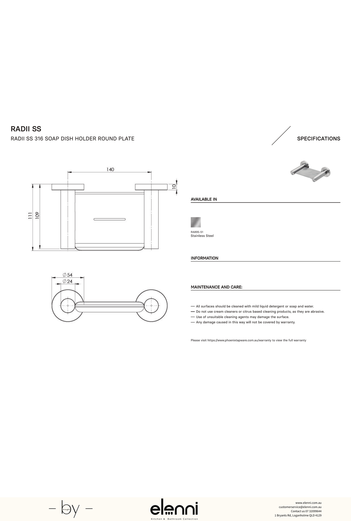 Radii Soap Dish Holder - Elenni specification drawing