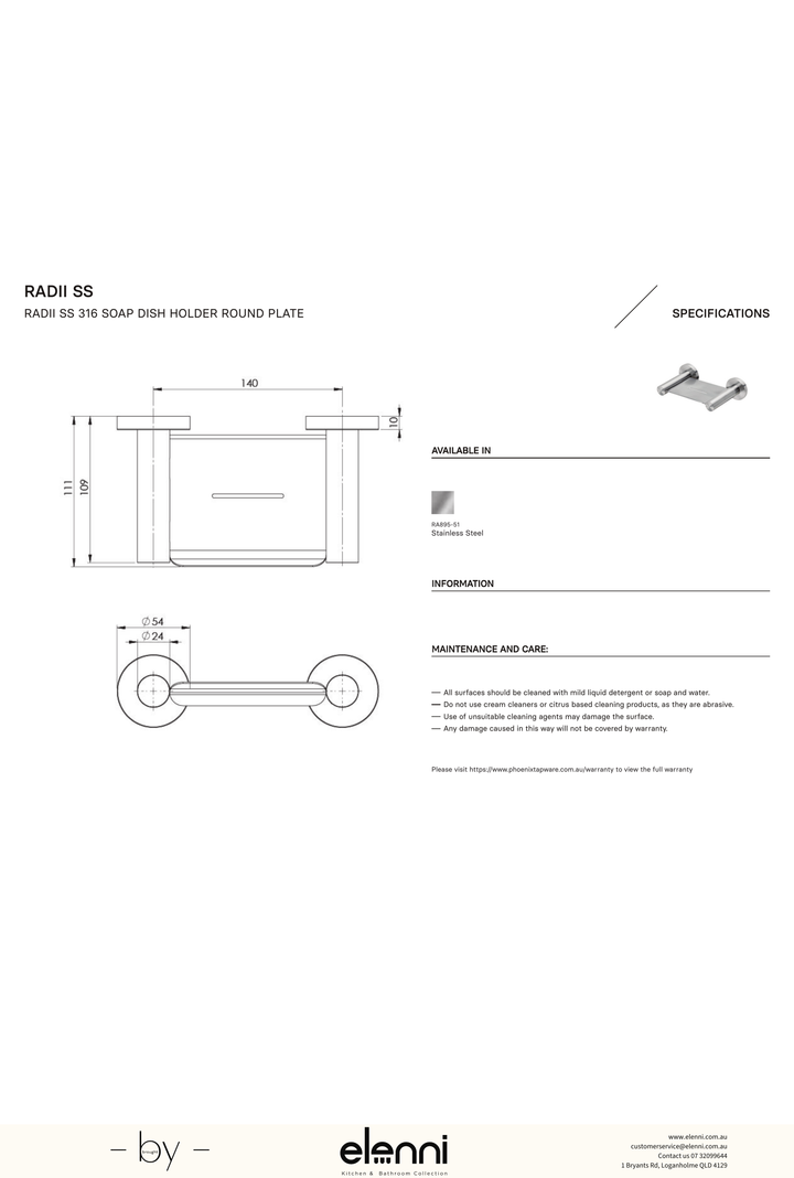 Radii Soap Dish Holder - Elenni specification drawing
