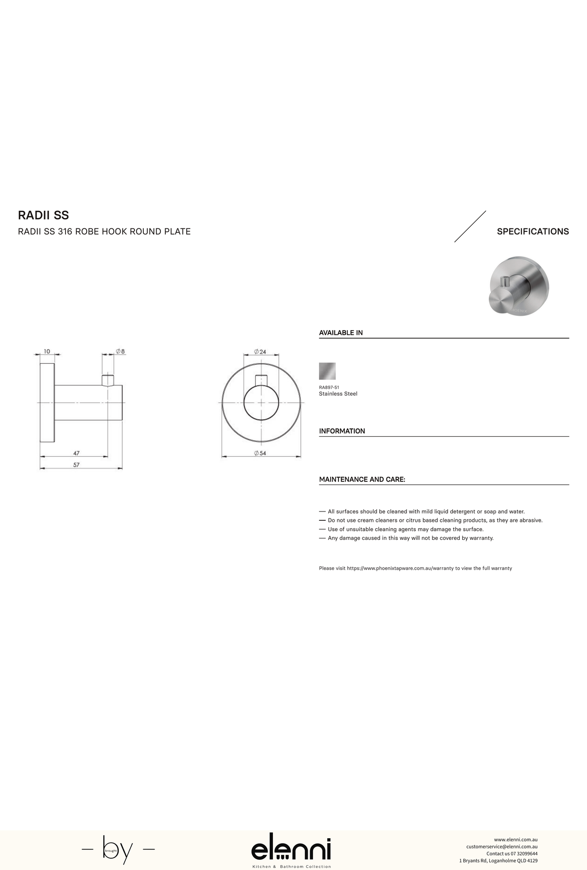 Radii Robe Hook Round Plate - Elenni specification drawing