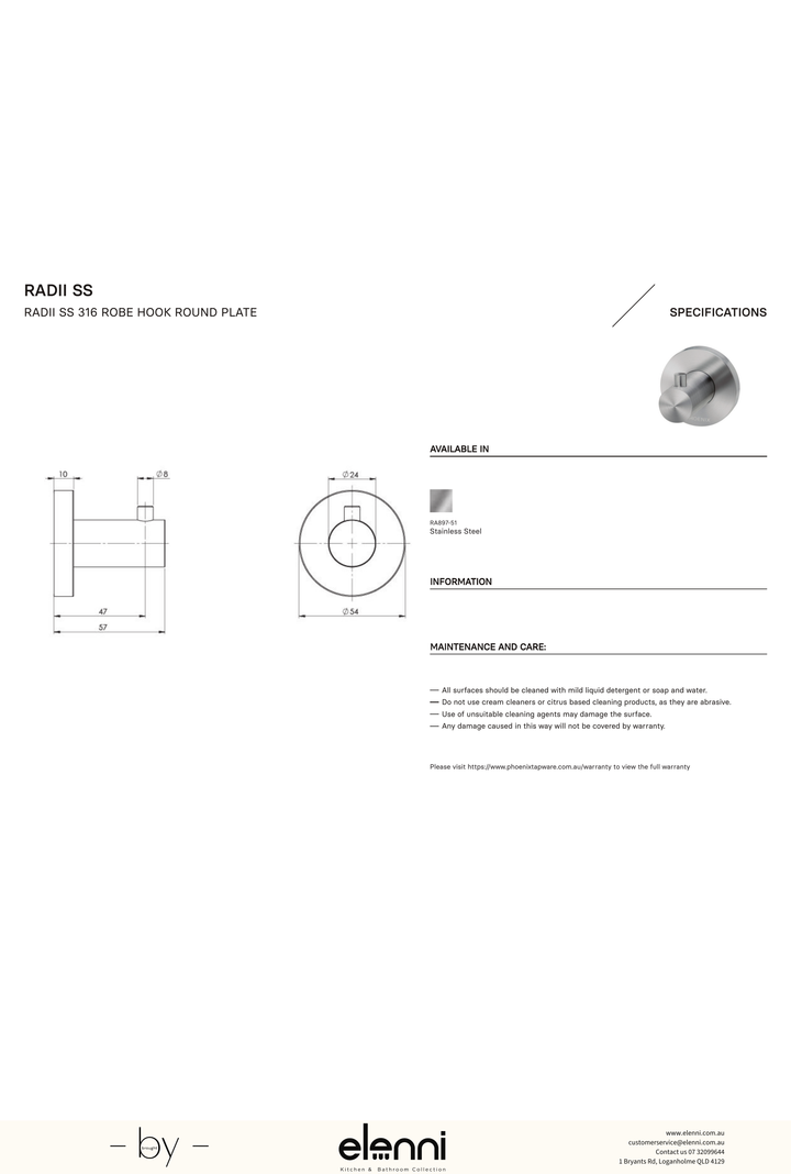 Radii Robe Hook Round Plate - Elenni specification drawing