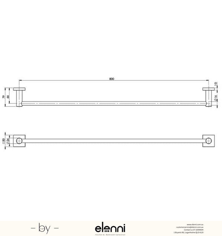 Radii Single Towel Rail 800mm Square Plate - Elenni specification drawing