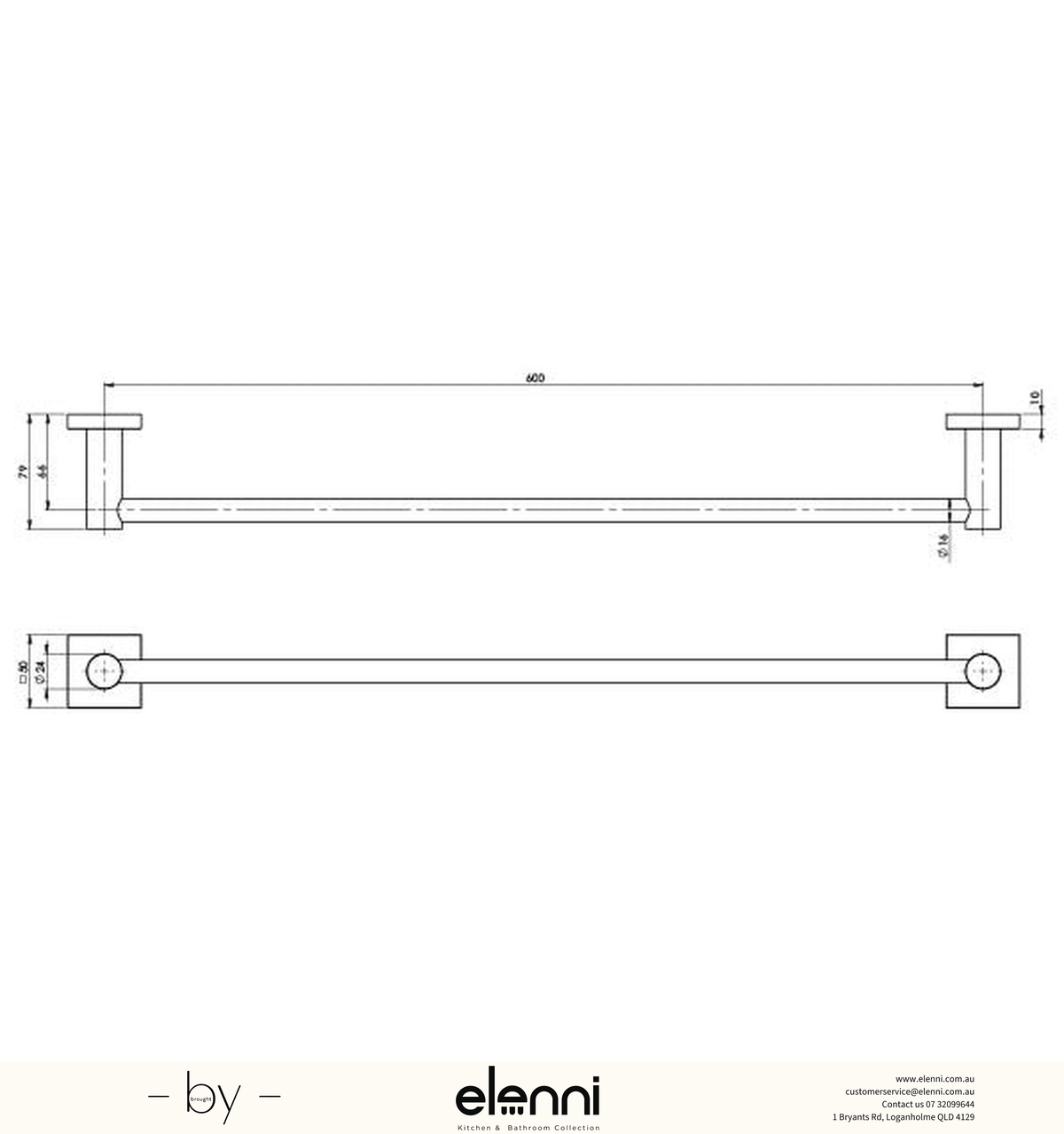 Radii Single Towel Rail 600mm Square Plate - Elenni specification drawing