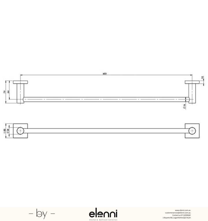 Radii Single Towel Rail 600mm Square Plate - Elenni specification drawing