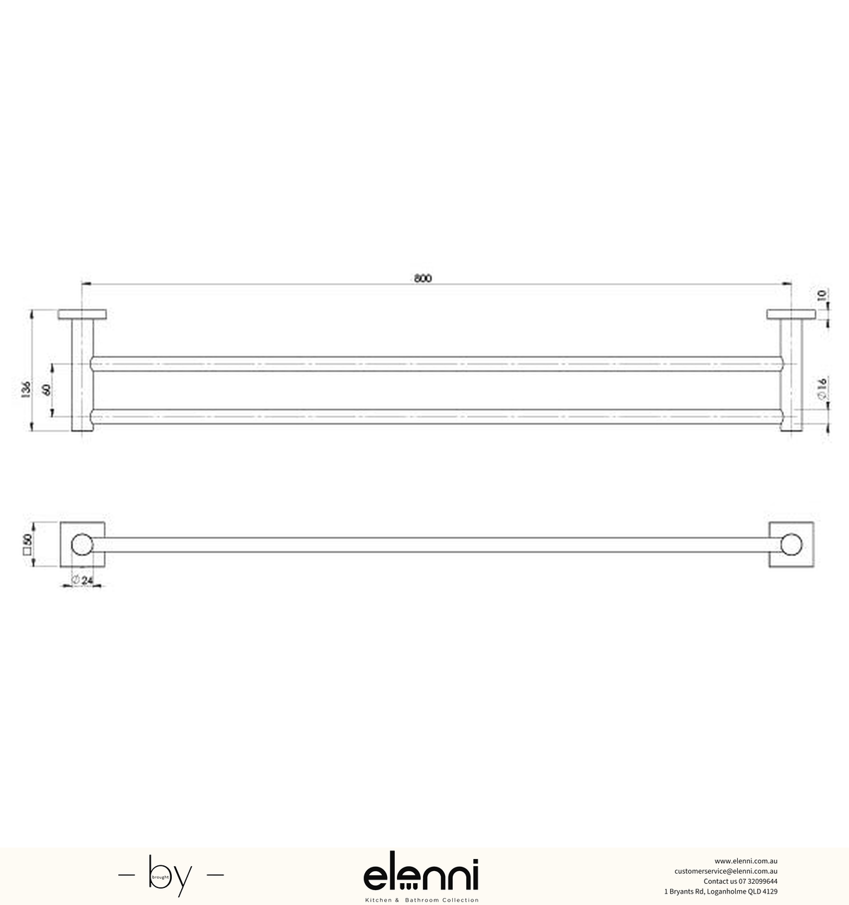 Radii Double Towel Rail 800mm Square Plate - Elenni specification drawing