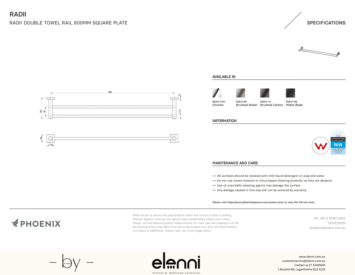 Radii Double Towel Rail 800mm Square Plate - Elenni specification drawing