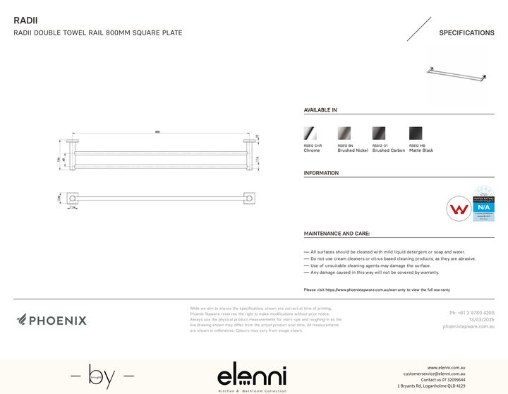 Radii Double Towel Rail 800mm Square Plate - Elenni specification drawing