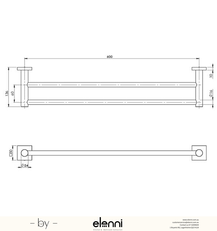 Radii Double Towel Rail 600mm Square Plate - Elenni specification drawing