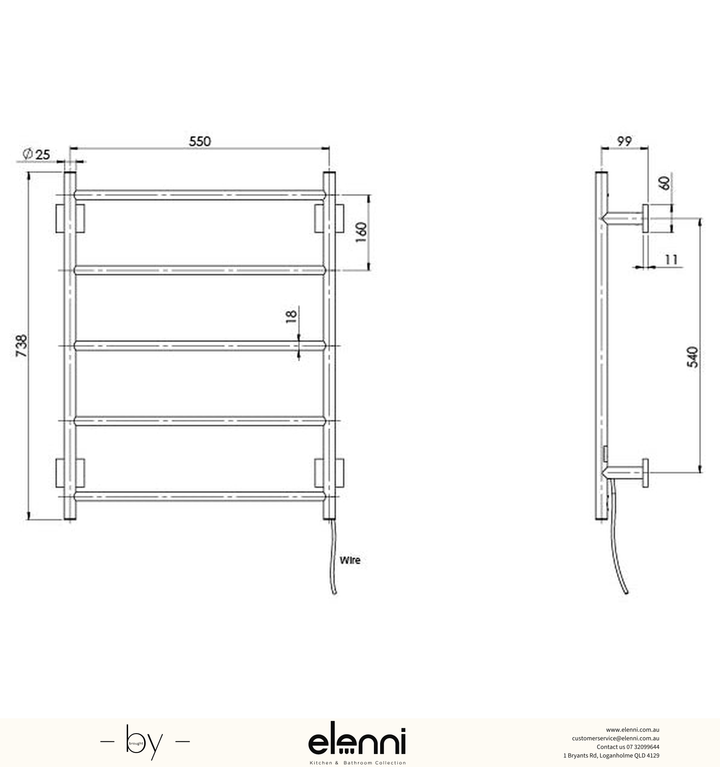 Radii Heated Towel Ladder 550 x 740mm Square Plate - Elenni specification drawing