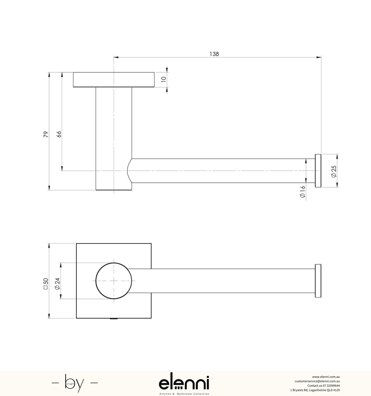 Radii Toilet Roll Holder Square - Elenni specification drawing