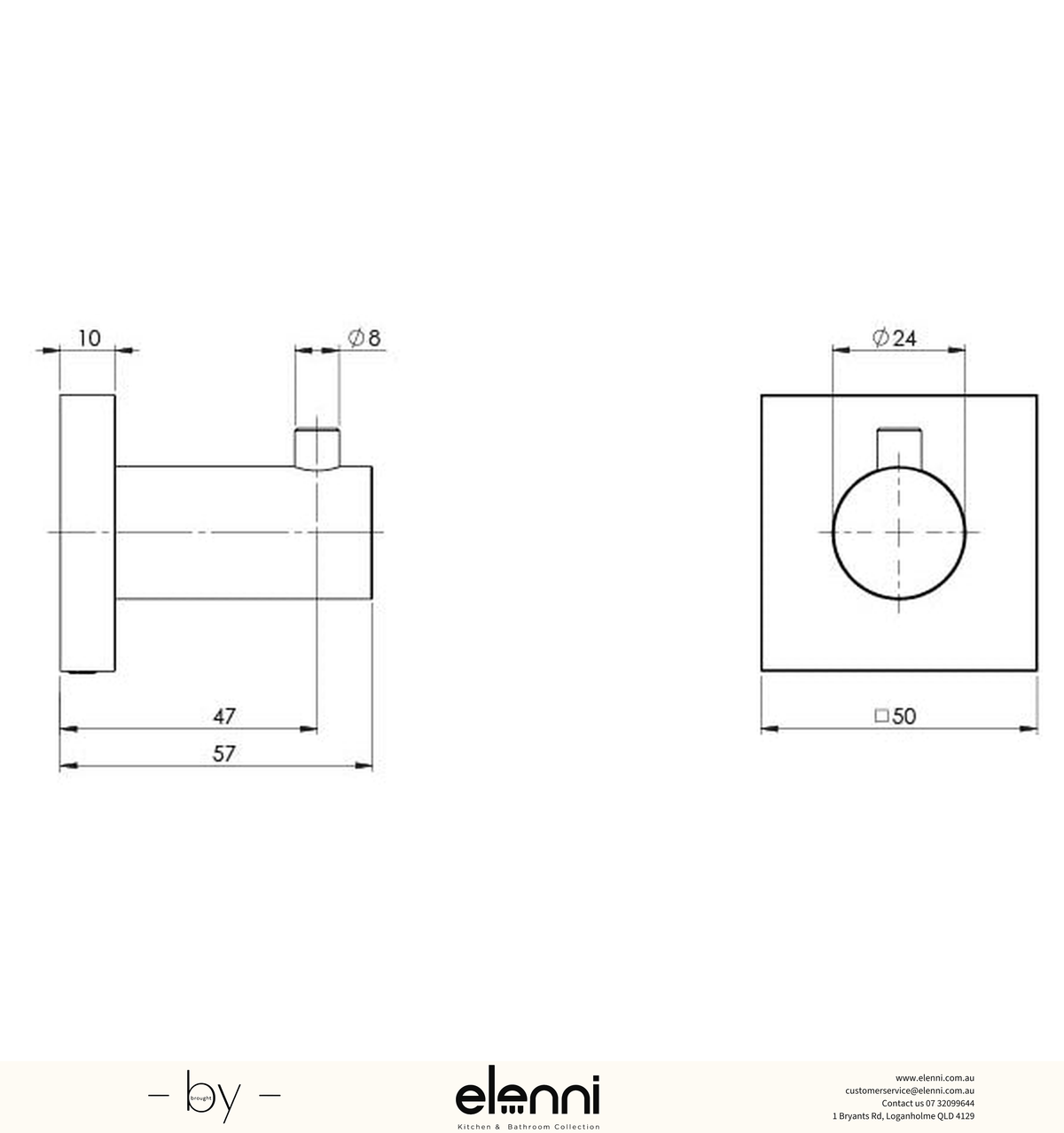 Radii Robe Hook Square Plate - Elenni specification drawing