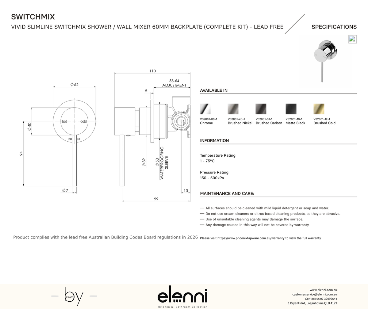 Vivid Slimline SwitchMix Shower/Wall Mixer 60mm Backplate Complete Kit - Elenni specification drawing