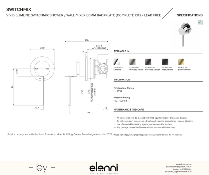 Vivid Slimline SwitchMix Shower/Wall Mixer 60mm Backplate Complete Kit - Elenni specification drawing