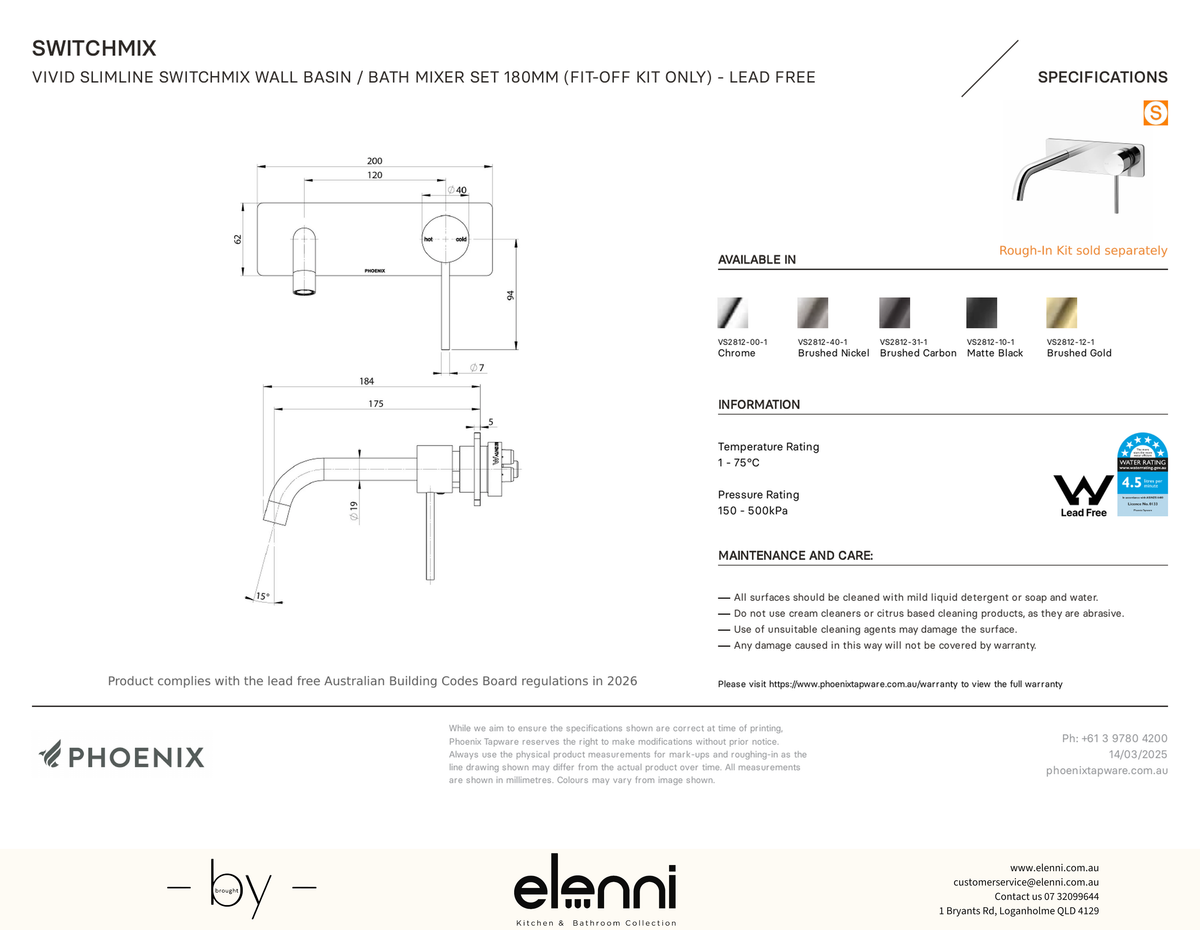 Vivid Slimline SwitchMix Wall Basin/Bath Mixer Set 180mm Trim Kit Only - Elenni specification drawing