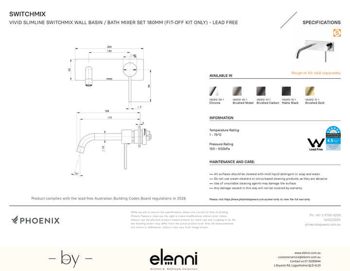 Vivid Slimline SwitchMix Wall Basin/Bath Mixer Set 180mm Trim Kit Only - Elenni specification drawing