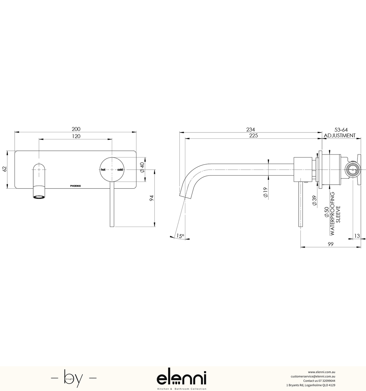 Vivid Slimline SwitchMix Wall Basin/Bath Mixer Set 230mm Trim Kit Only - Elenni specification drawing