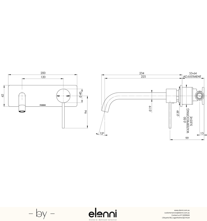 Vivid Slimline SwitchMix Wall Basin/Bath Mixer Set 230mm Trim Kit Only - Elenni specification drawing