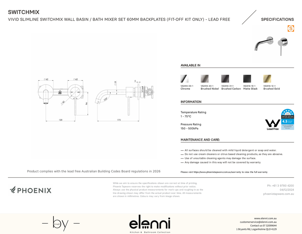 Vivid Slimline SwitchMix Wall Basin/Bath Mixer 60mm Trim Kit Only - Elenni specification drawing