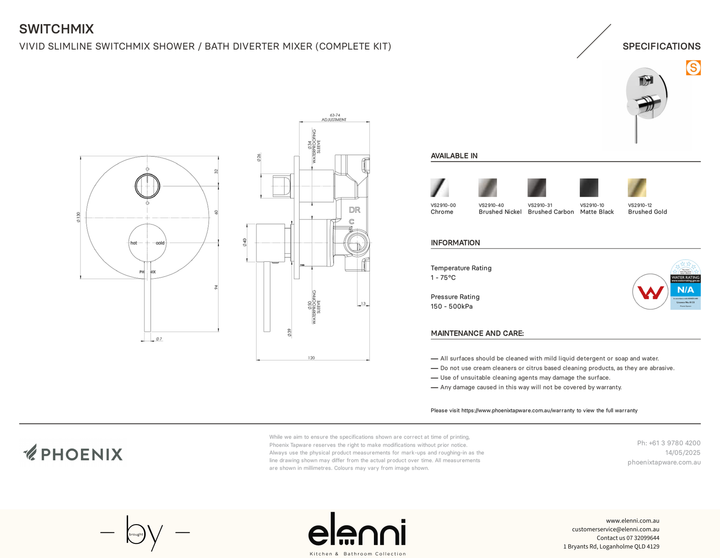 Elenni specification drawing - Vivid Slimline SwitchMix Shower Bath Diverter Mixer Complete Kit