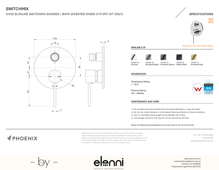 Vivid Slimline SwitchMix Shower/Bath Diverter Mixer Trim Kit Only - Elenni specification drawing