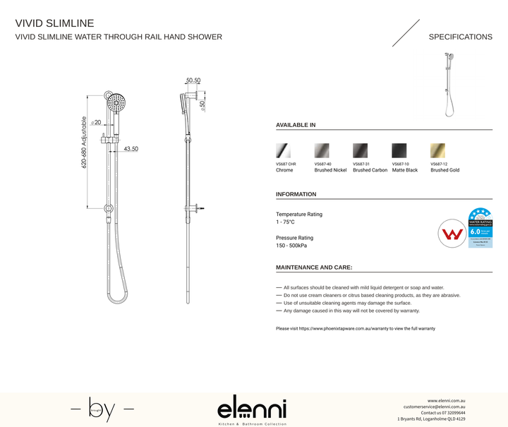 Vivid Slimline Water Through Rail Hand Shower - Elenni specification drawing