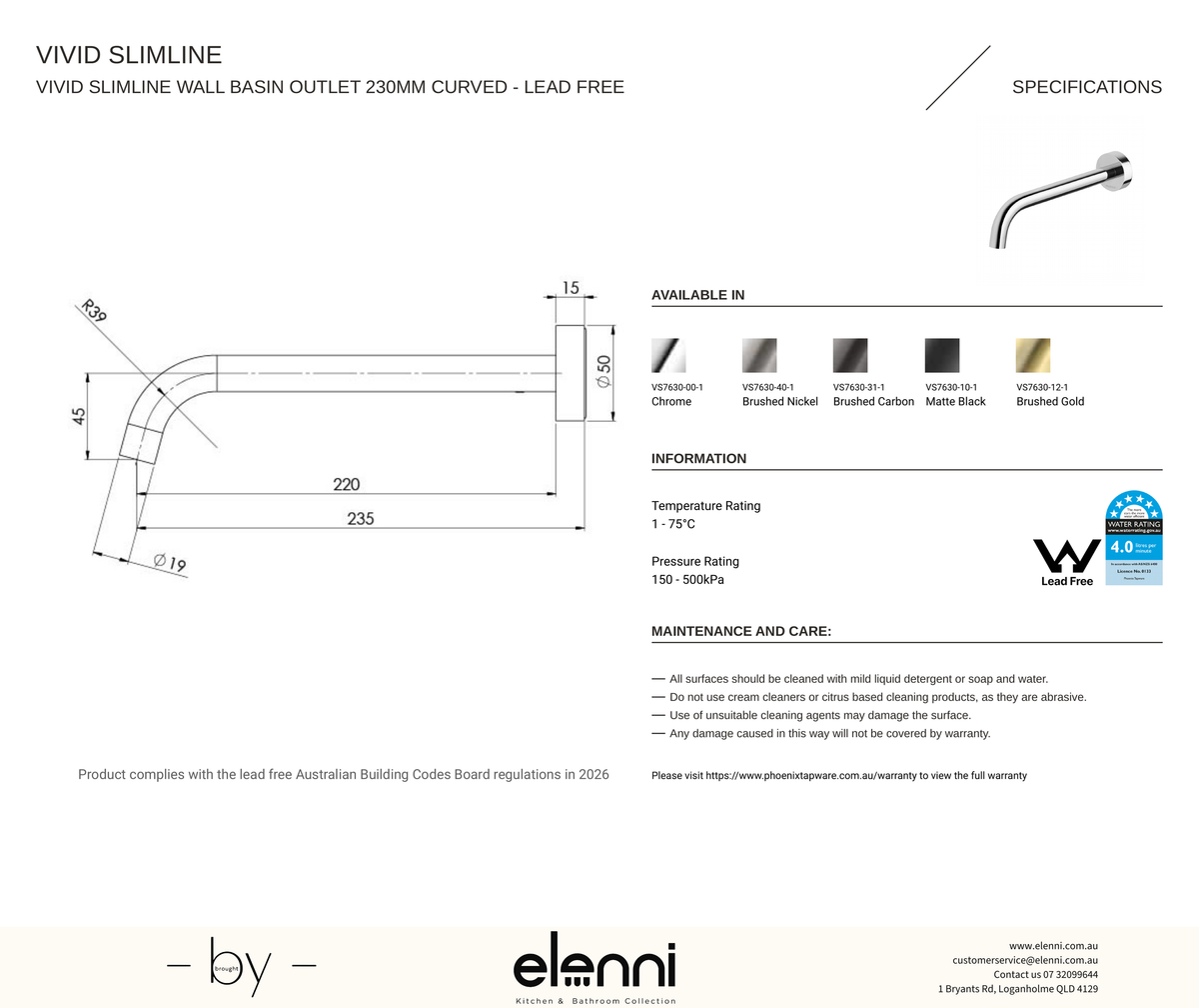 Vivid Slimline Wall Basin Outlet 230mm Curved - Elenni specification drawing