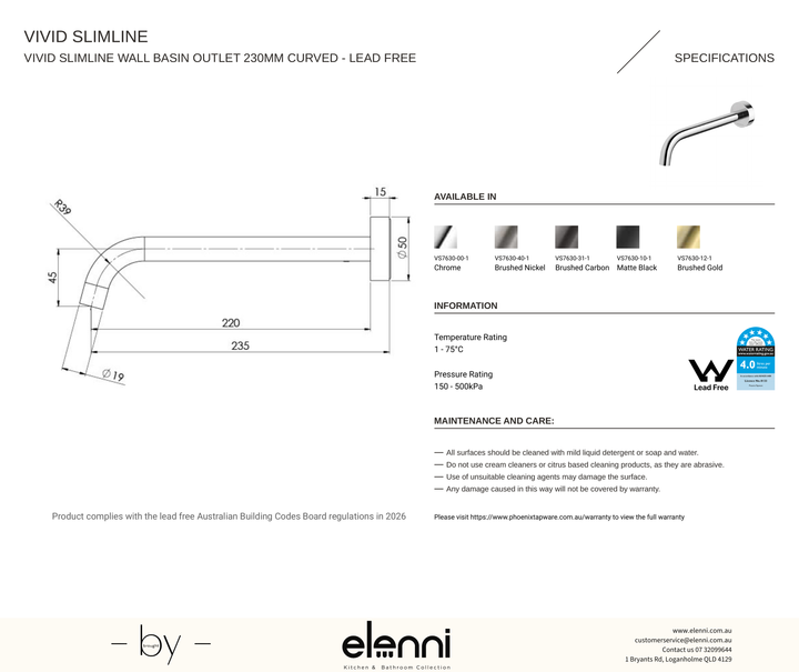 Vivid Slimline Wall Basin Outlet 230mm Curved - Elenni specification drawing