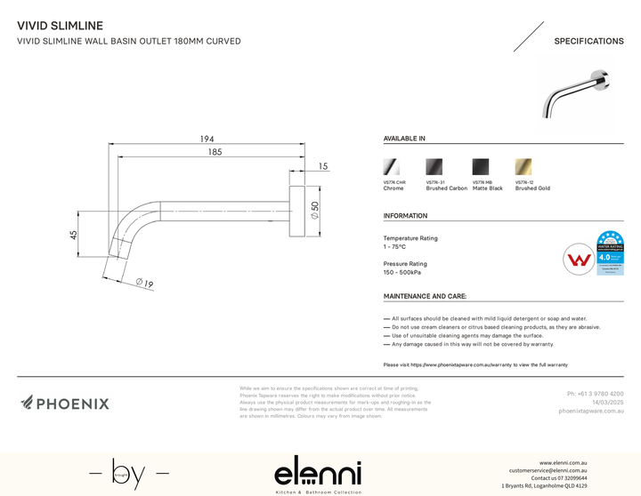 Vivid Slimline Wall Basin Outlet 180mm Curved - Elenni specification drawing