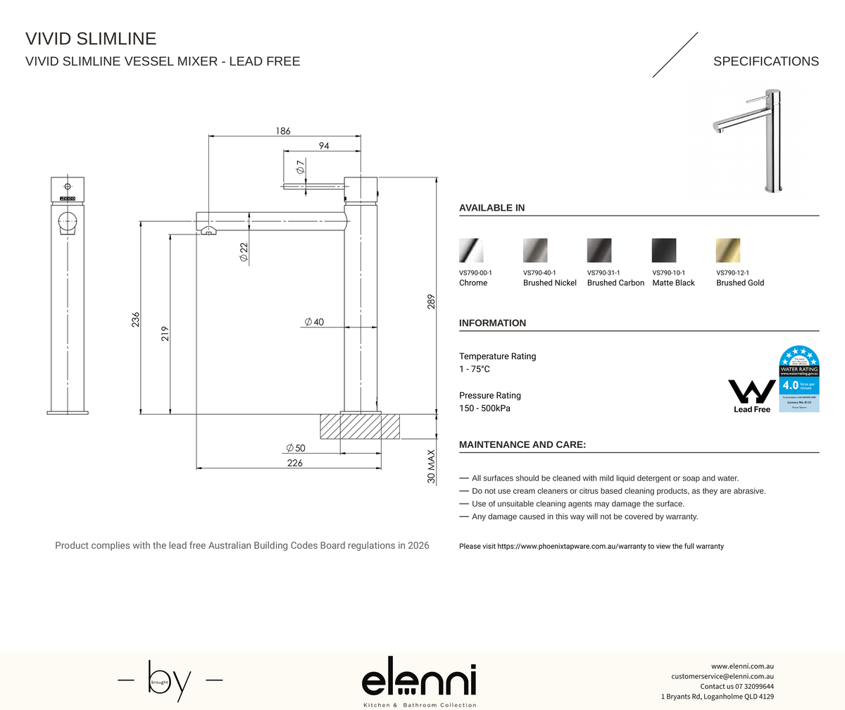 Vivid Slimline Vessel Mixer - Elenni specification drawing