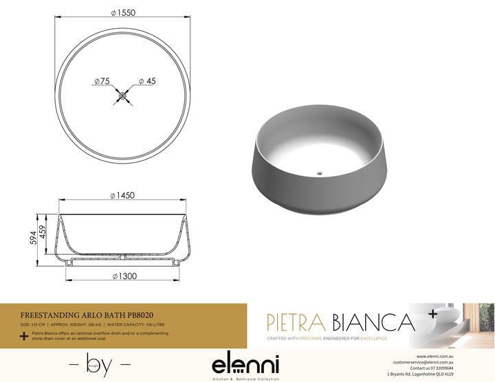 Arlo Freestanding Bath - Elenni specification drawing