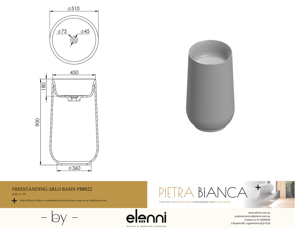 Arlo Freestanding Pedestal Basin - Elenni specification drawing