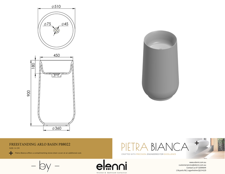 Arlo Freestanding Pedestal Basin - Elenni specification drawing