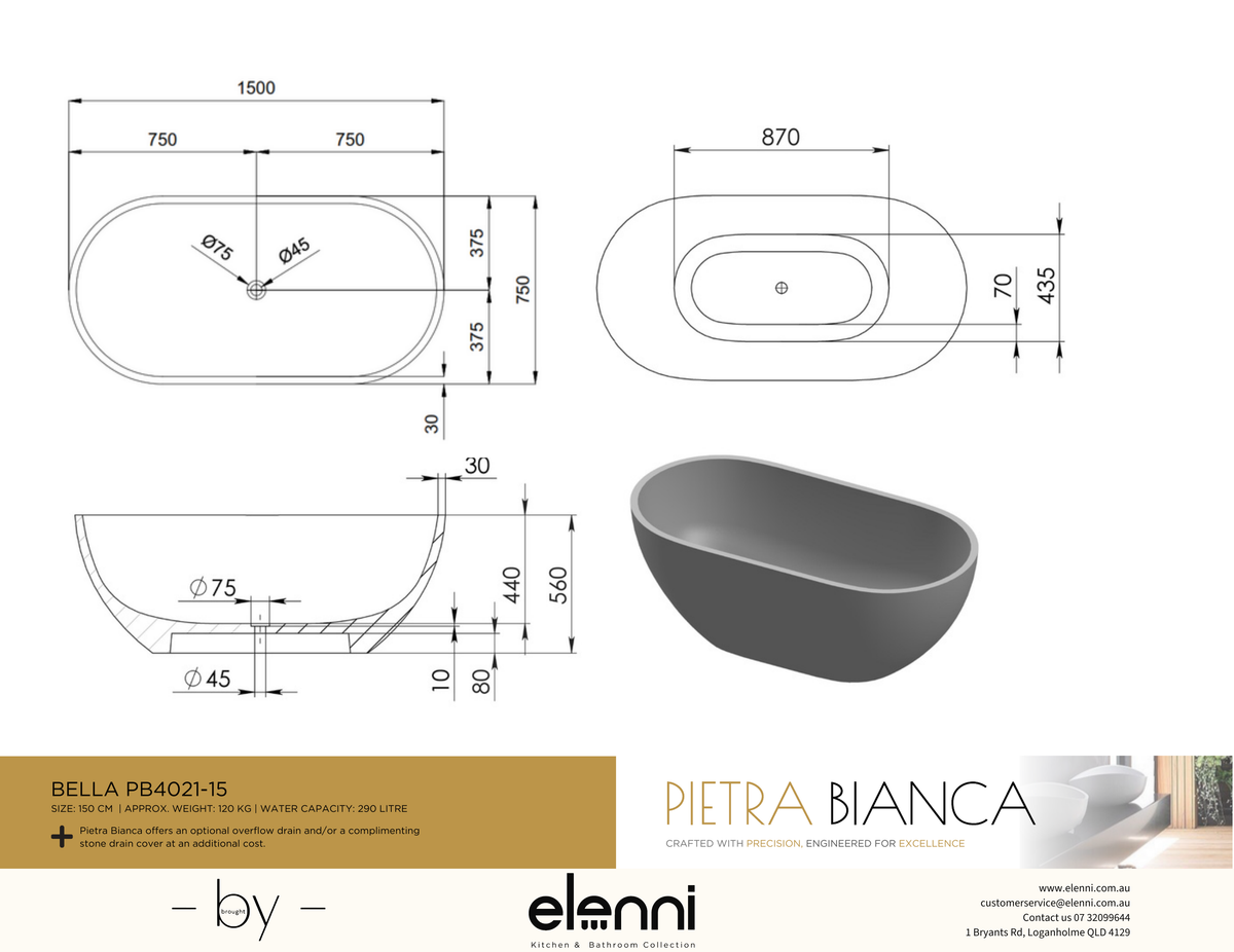 Bella 1500mm Freestanding Bath - Elenni specification drawing