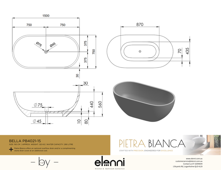 Bella 1500mm Freestanding Bath - Elenni specification drawing