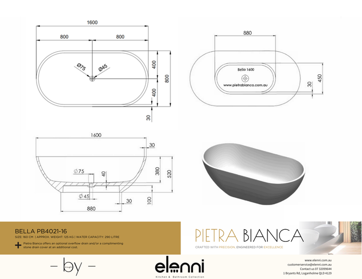 Bella 1600mm Freestanding Bath - Elenni specification drawing