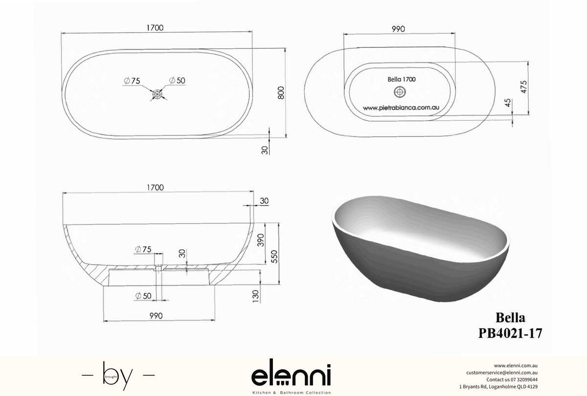 Bella 1700mm Freestanding Bath - Elenni specification drawing