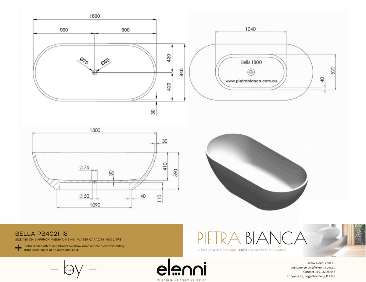 Bella 1800mm Freestanding Bath - Elenni specification drawing