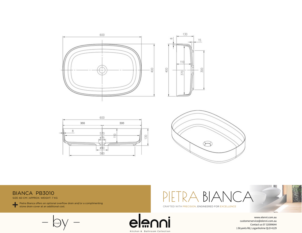 Bianca Above Counter Basin - Elenni specification drawing