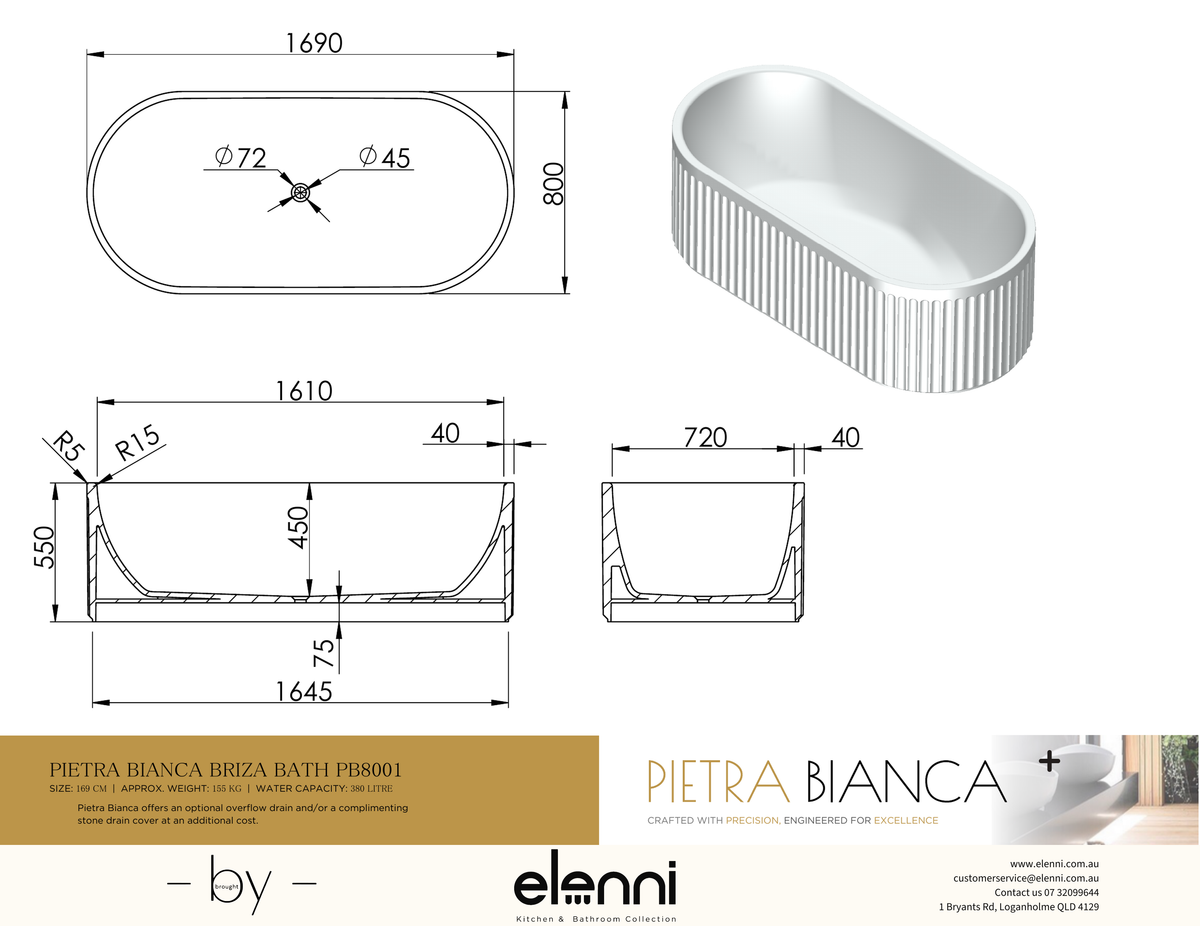Briza Freestanding Bath - Elenni specification drawing