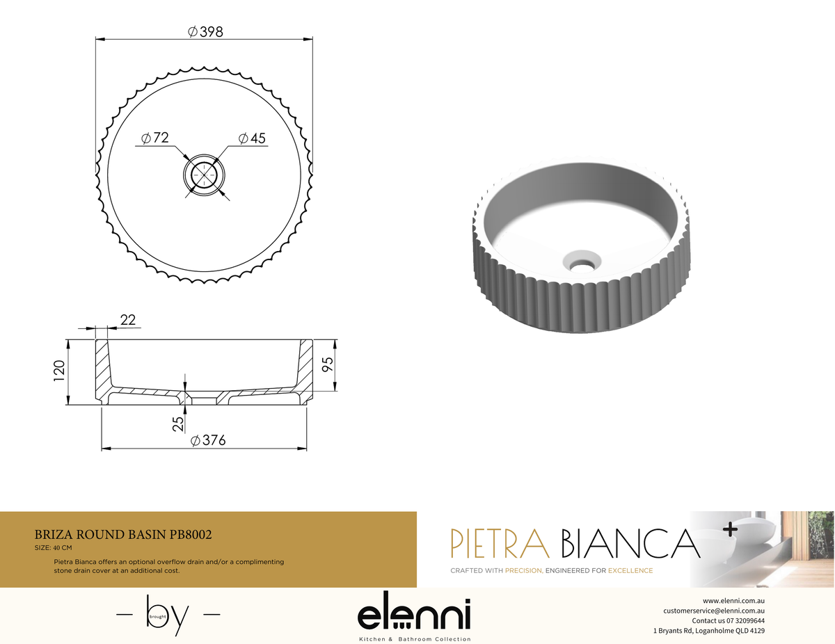 Briza Round Above Counter Basin - Elenni specification drawing