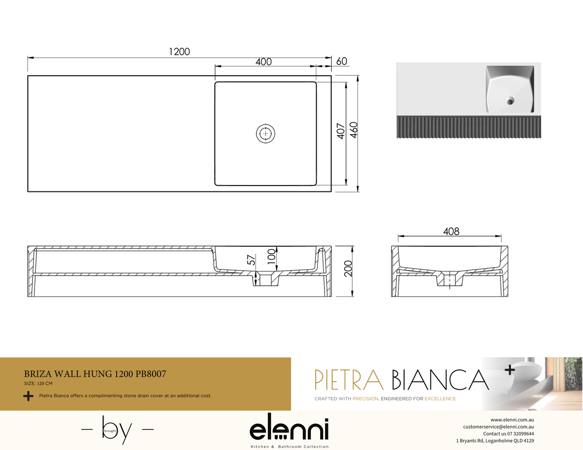 Briza Wall Hung 1200mm Wall Hung Basin - Elenni specification drawing