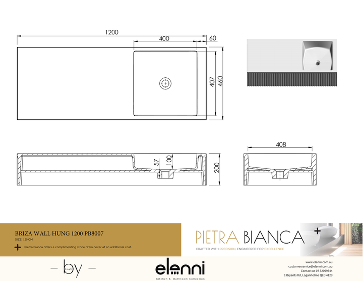 Briza Wall Hung 1200mm Wall Hung Basin - Elenni specification drawing
