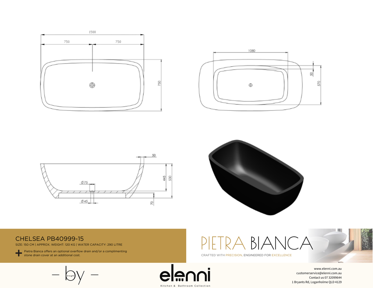 Chelsea 1500mm Freestanding Bath - Elenni specification drawing