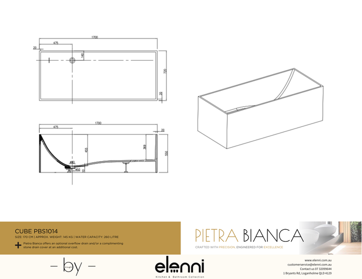 Cube Freestanding Bath - Elenni specification drawing