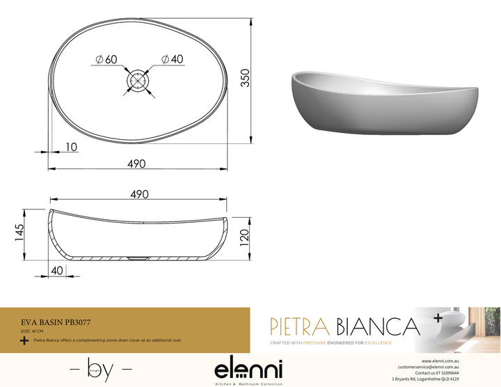 Eva Above Counter Basin - Elenni specification drawing