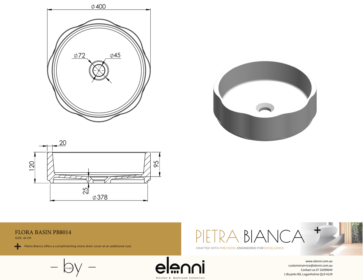 Flora Above Counter Basin - Elenni specification drawing