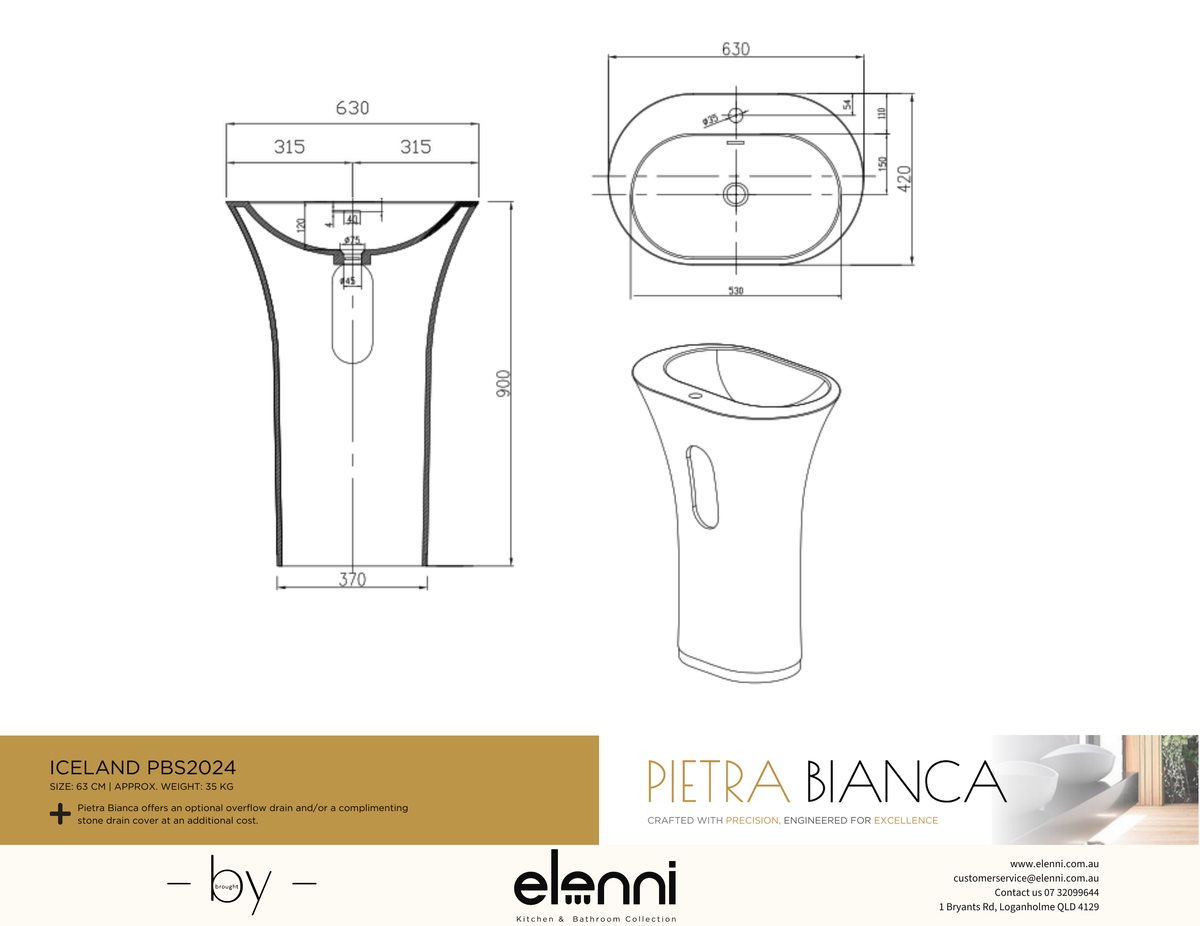 Iceland Freestanding Pedestal Basin - Elenni specification drawing