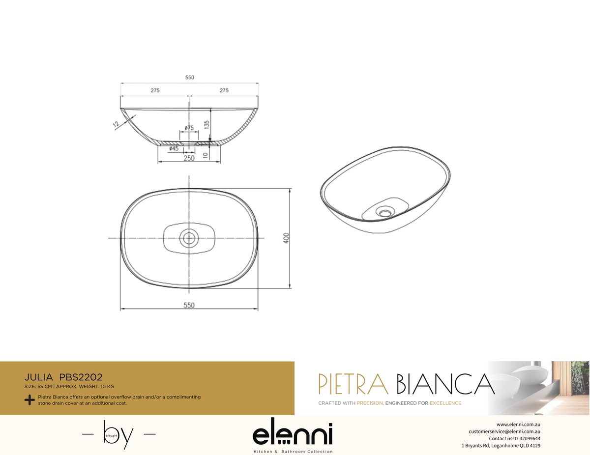Julia Above Counter Basin - Elenni specification drawing